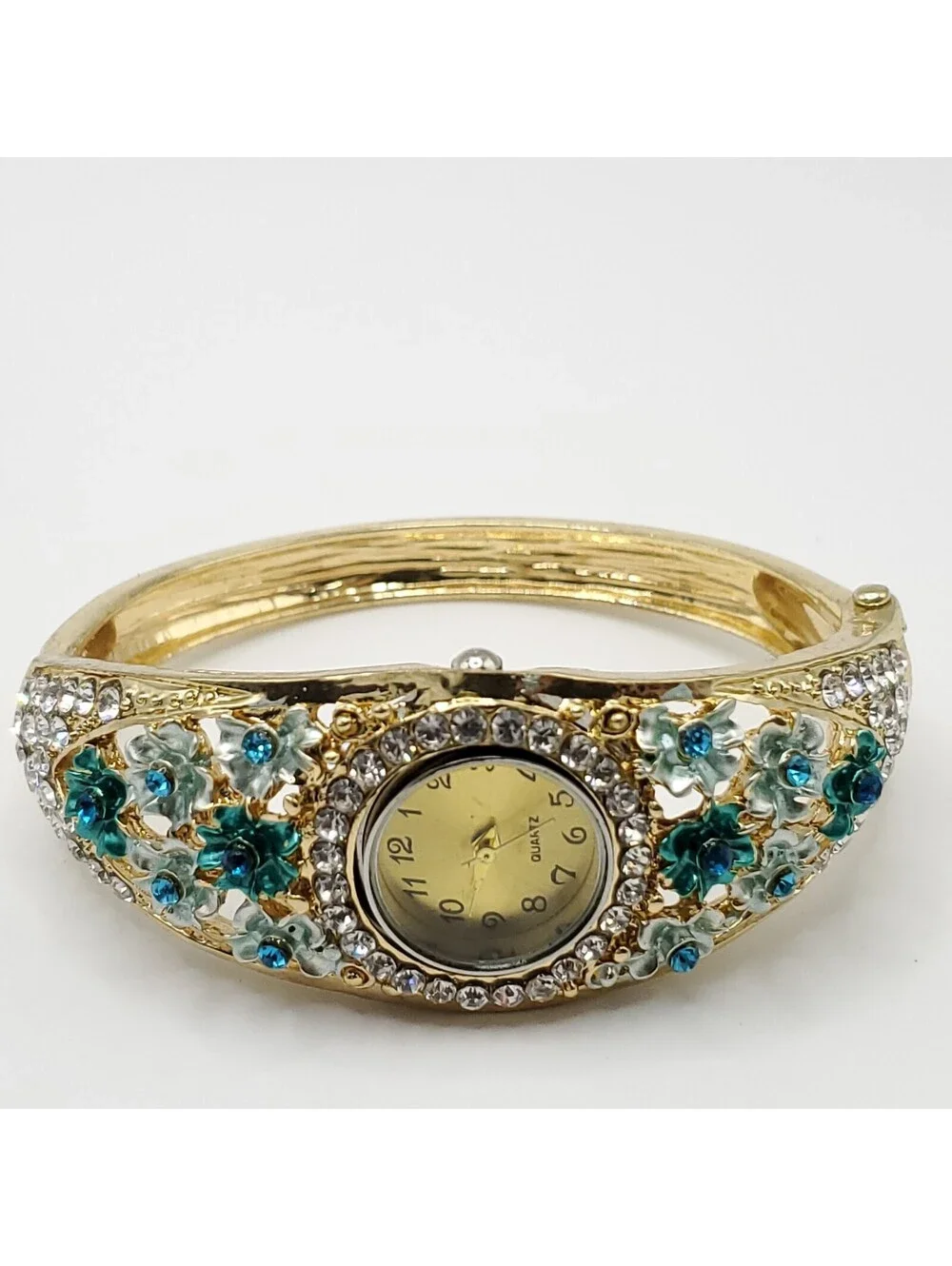 Crystal Floral Watch Women 25mm Gold Tone Green Blue Gold Tone Bangle New Batter